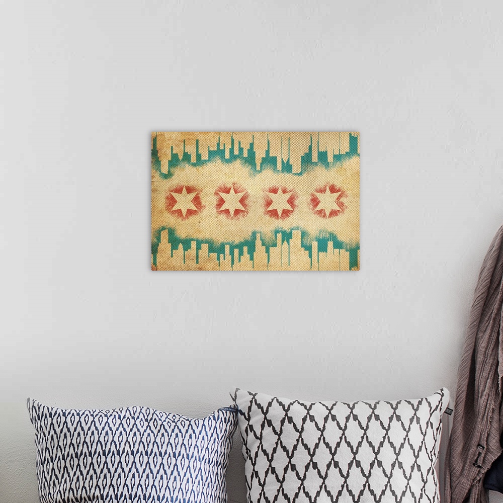 A bohemian room featuring Chicago, Illinois, Flag and Skyline Tapestry