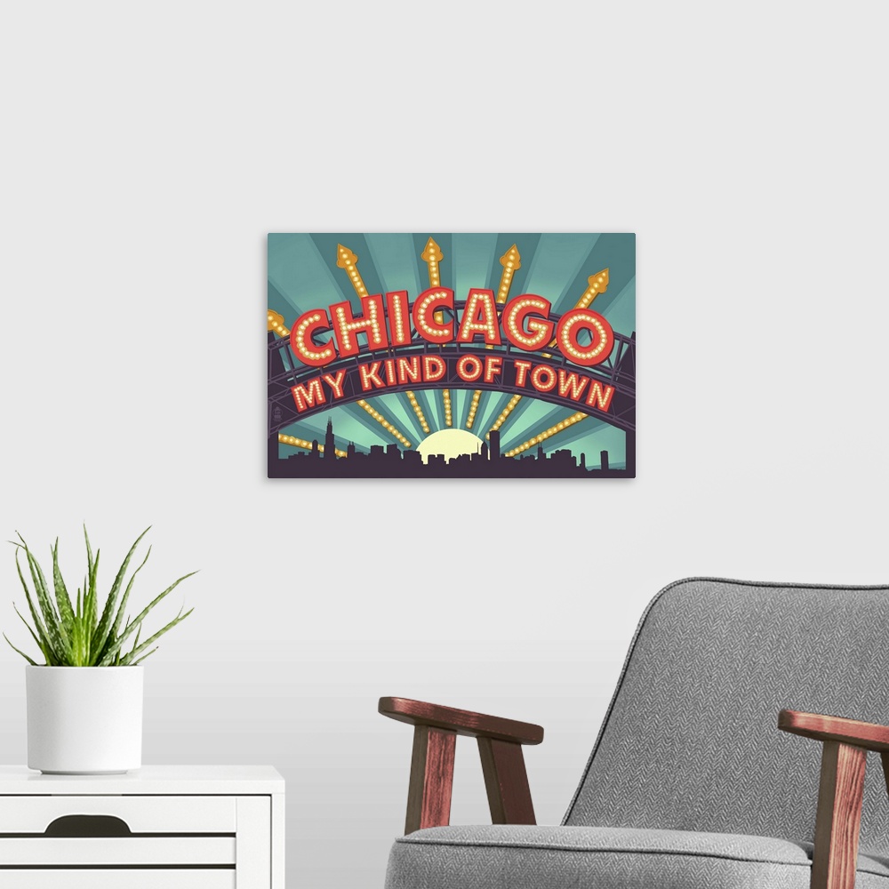 A modern room featuring Chicago, Illinois - Marquee: Retro Travel Poster