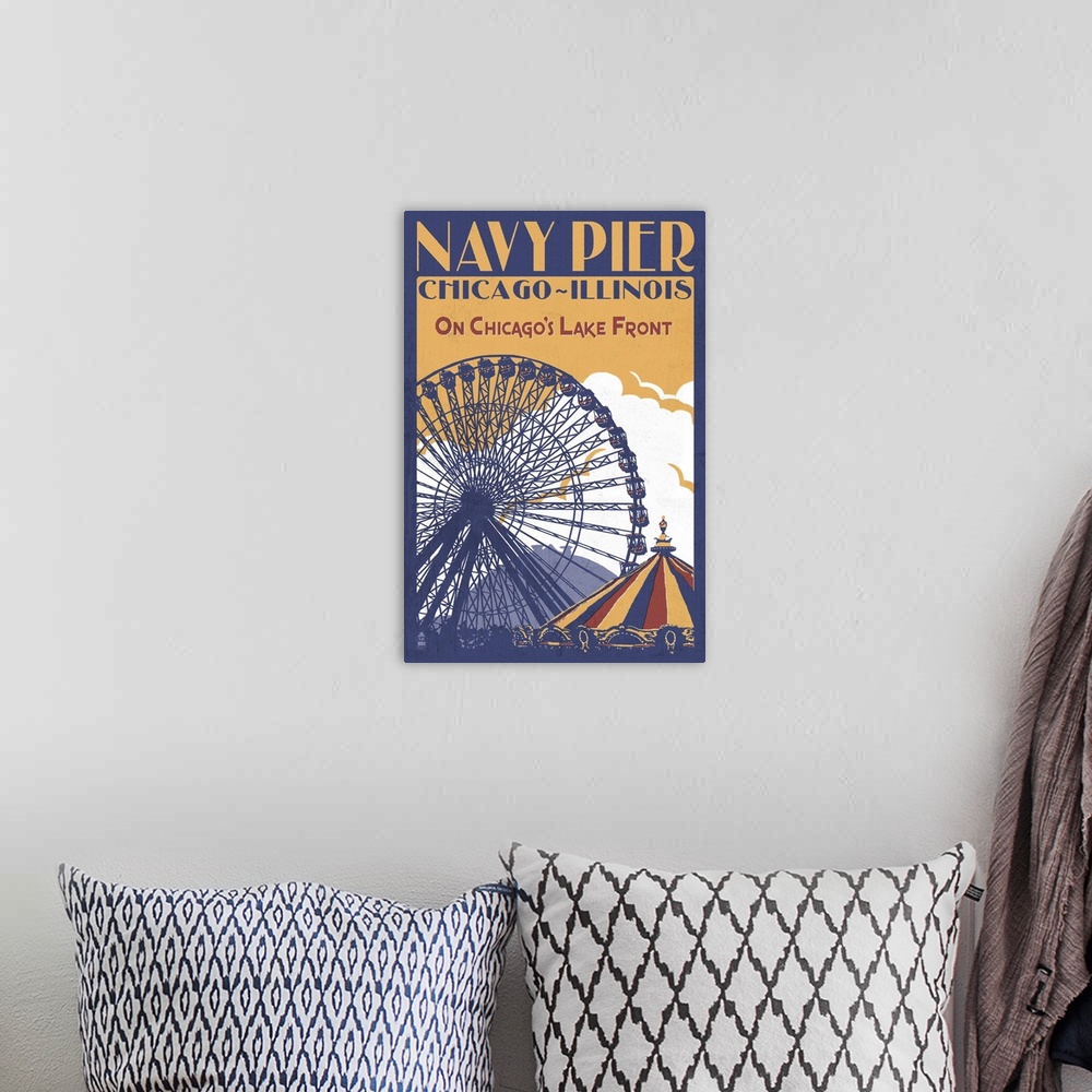 A bohemian room featuring Chicago Illinois - Navy Pier: Retro Travel Poster