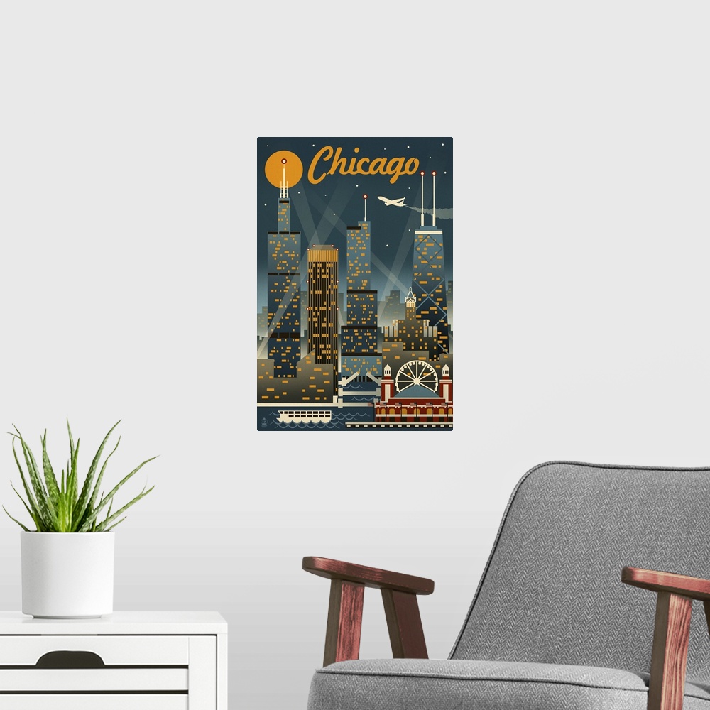 A modern room featuring Chicago Illinois, Retro Skyline