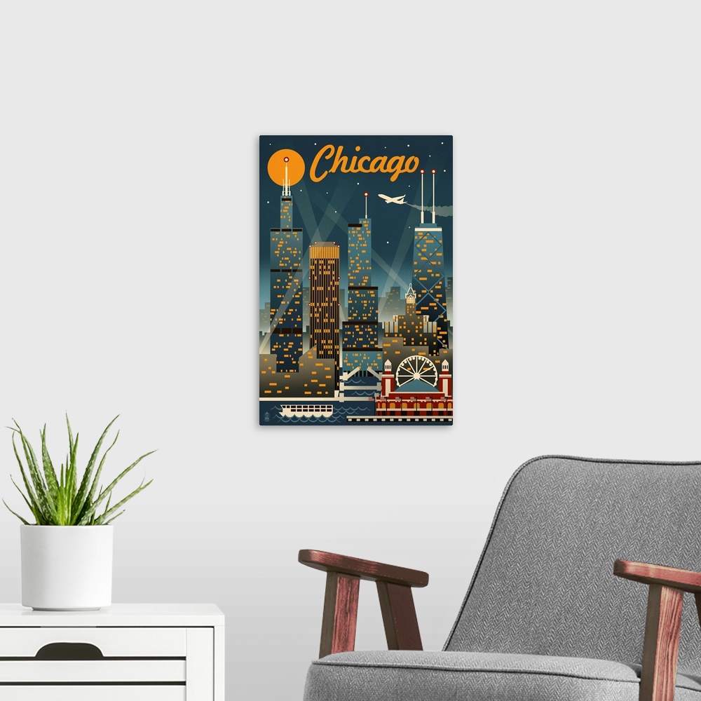 A modern room featuring Chicago Illinois - Retro Skyline: Retro Travel Poster