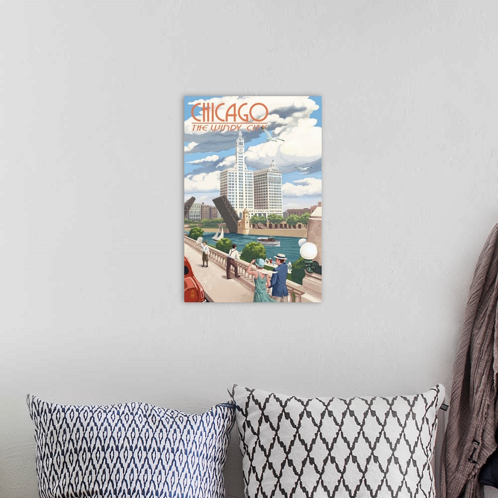 A bohemian room featuring Chicago, Illinois - River View: Retro Travel Poster