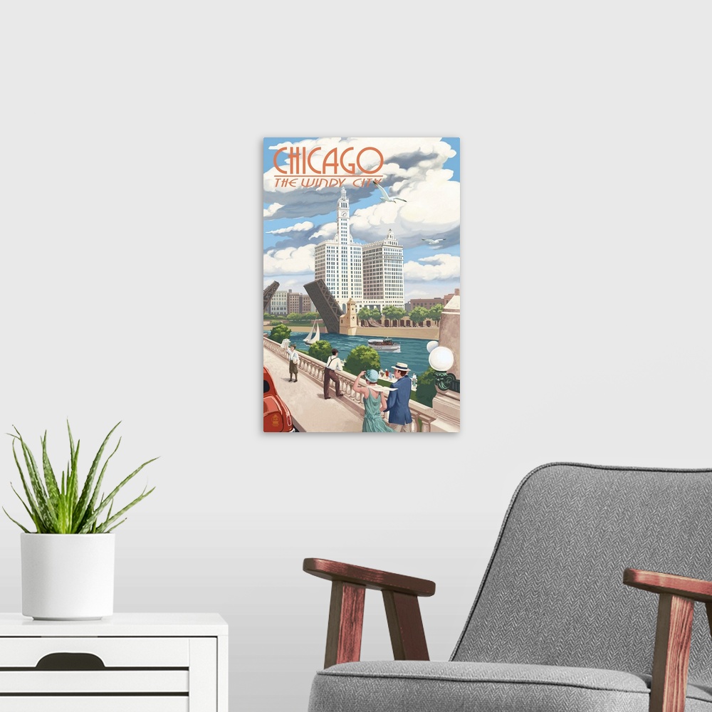 A modern room featuring Chicago, Illinois - River View: Retro Travel Poster