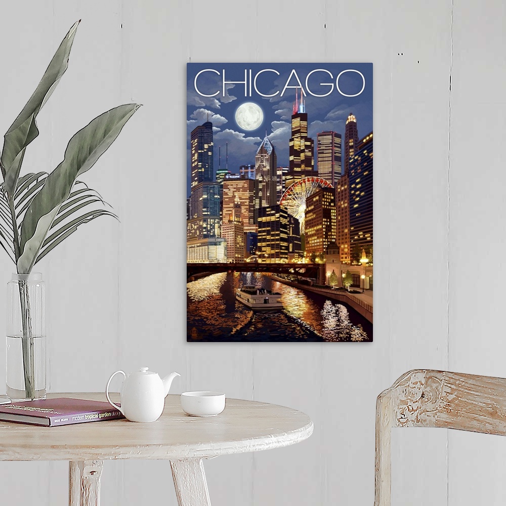 A farmhouse room featuring Chicago, Illinois - Skyline at Night: Retro Travel Poster