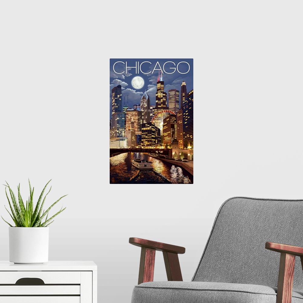 A modern room featuring Chicago, Illinois - Skyline at Night: Retro Travel Poster