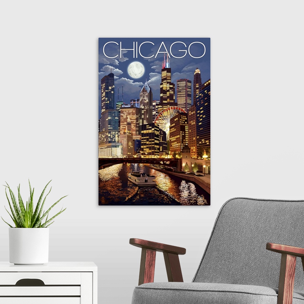 A modern room featuring Chicago, Illinois - Skyline at Night: Retro Travel Poster