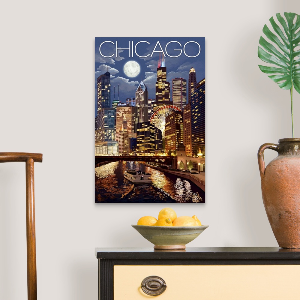 A traditional room featuring Chicago, Illinois - Skyline at Night: Retro Travel Poster