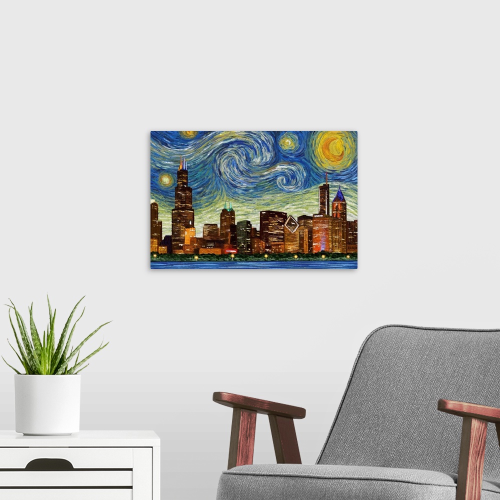 A modern room featuring Chicago, Illinois - Starry Night City Series