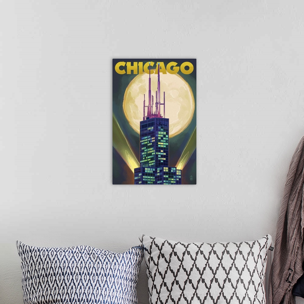 A bohemian room featuring Chicago, Illinois - Willis Tower and Full Moon: Retro Travel Poster