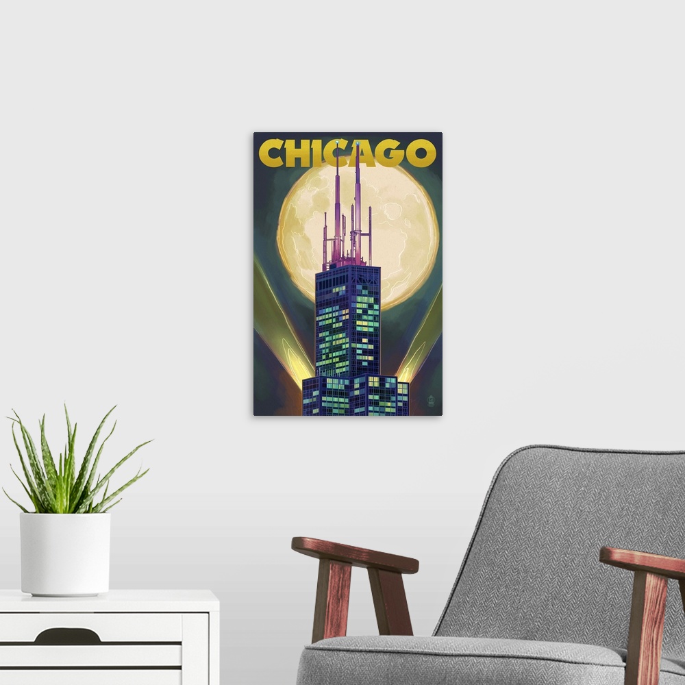 A modern room featuring Chicago, Illinois - Willis Tower and Full Moon: Retro Travel Poster