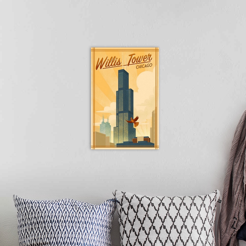 A bohemian room featuring Chicago, Illinois - Willis Tower - Lithograph