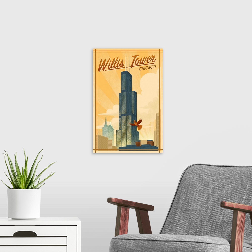 A modern room featuring Chicago, Illinois - Willis Tower - Lithograph