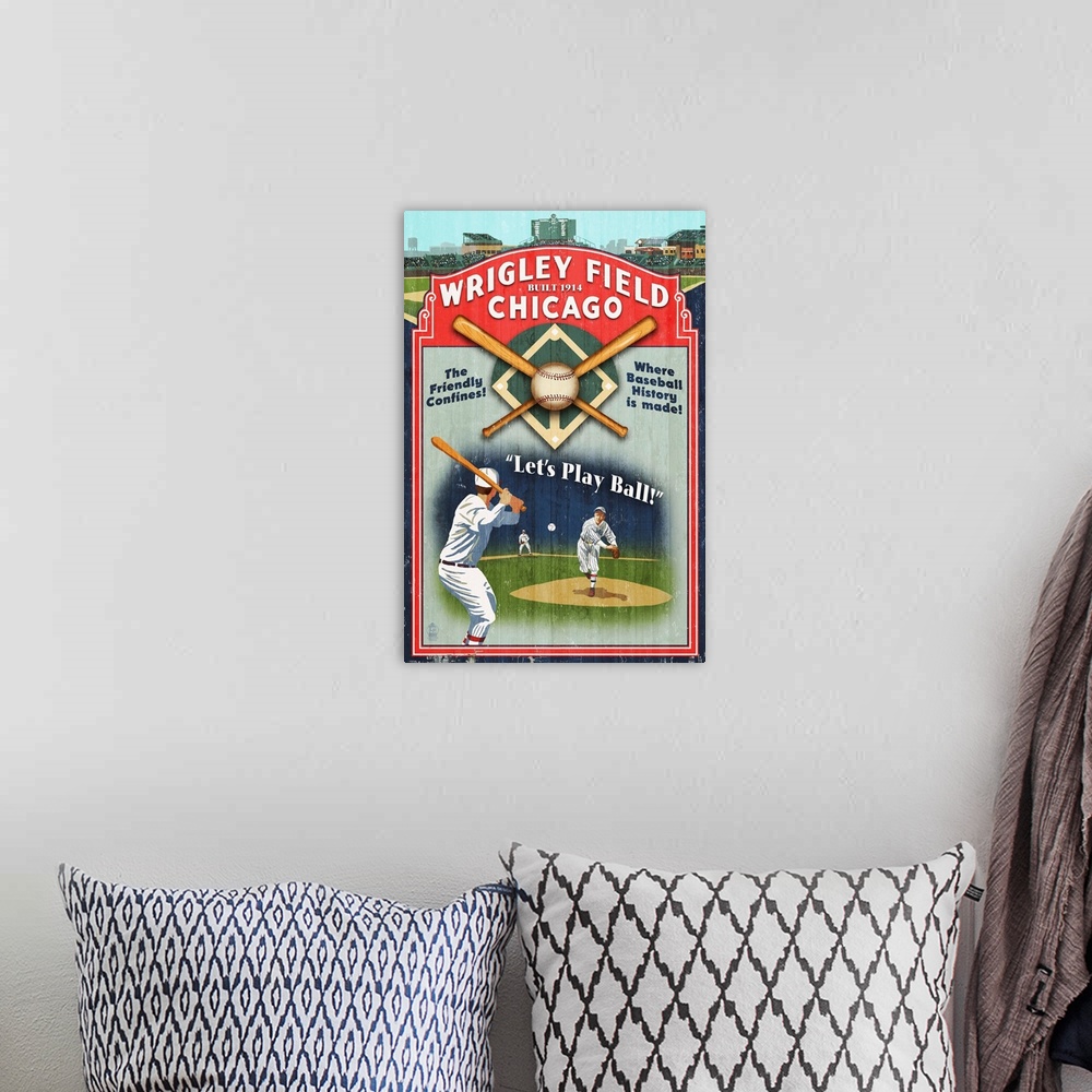 A bohemian room featuring Chicago, Illinois - Wrigley Field Vintage Sign: Retro Travel Poster