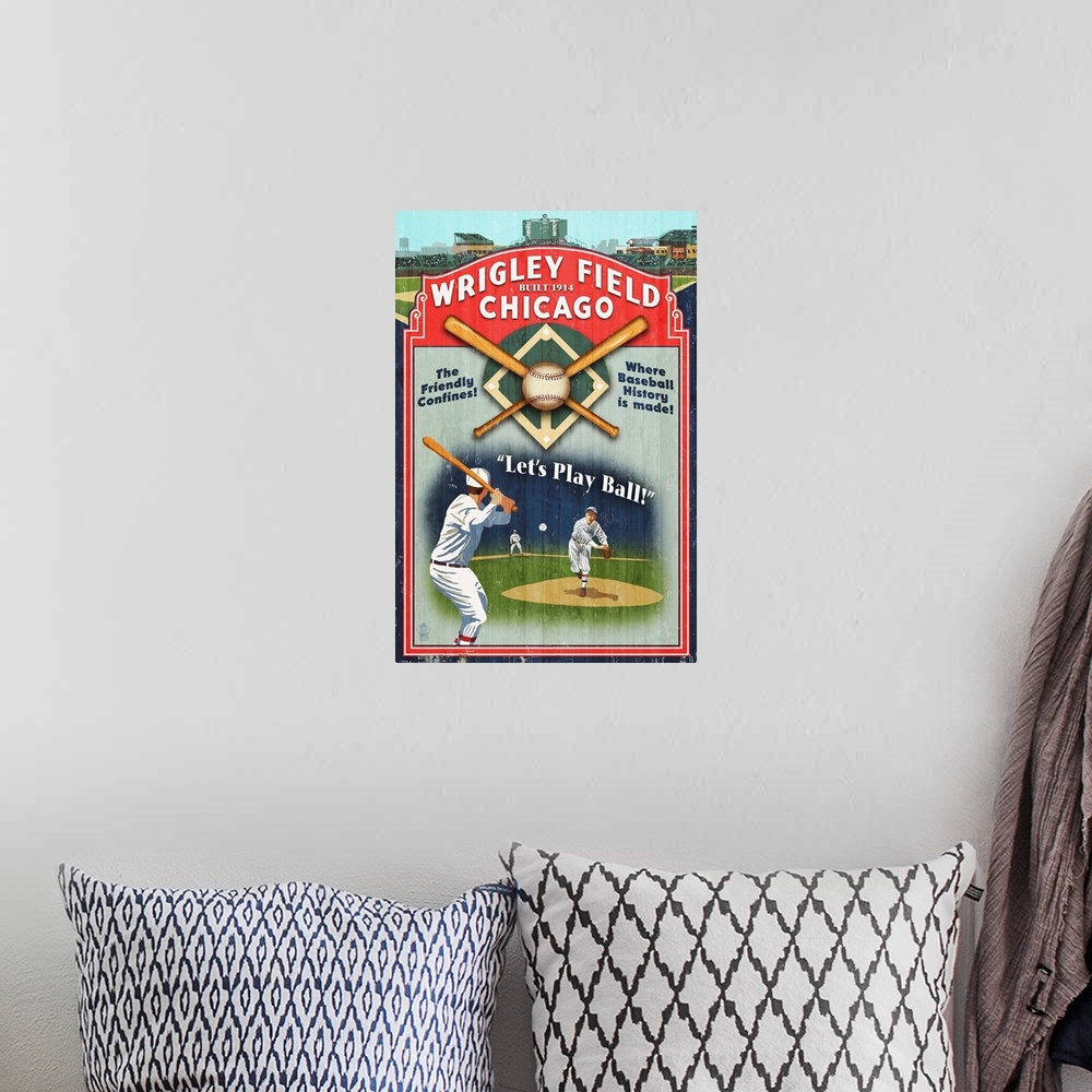 A bohemian room featuring Chicago, Illinois - Wrigley Field Vintage Sign: Retro Travel Poster
