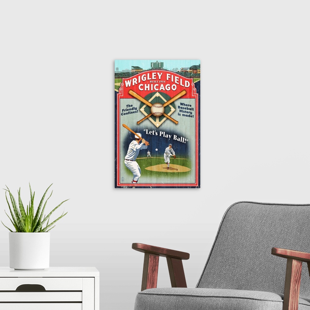 A modern room featuring Chicago, Illinois - Wrigley Field Vintage Sign: Retro Travel Poster