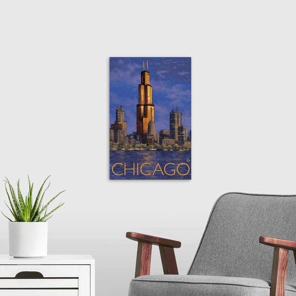 A modern room featuring Chicago Skyline: Retro Travel Poster