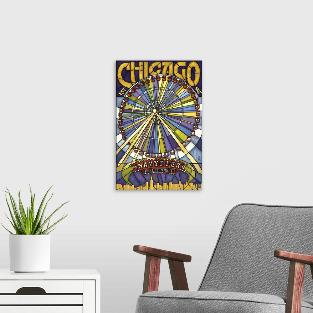 A modern room featuring Chicago's Navy Pier and Ferris Wheel