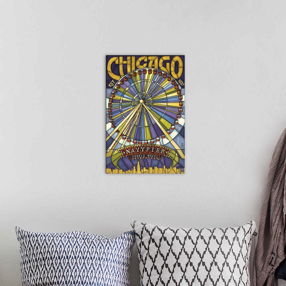 A bohemian room featuring Retro stylized art poster of a ferris wheel scene, in a stained glass style.