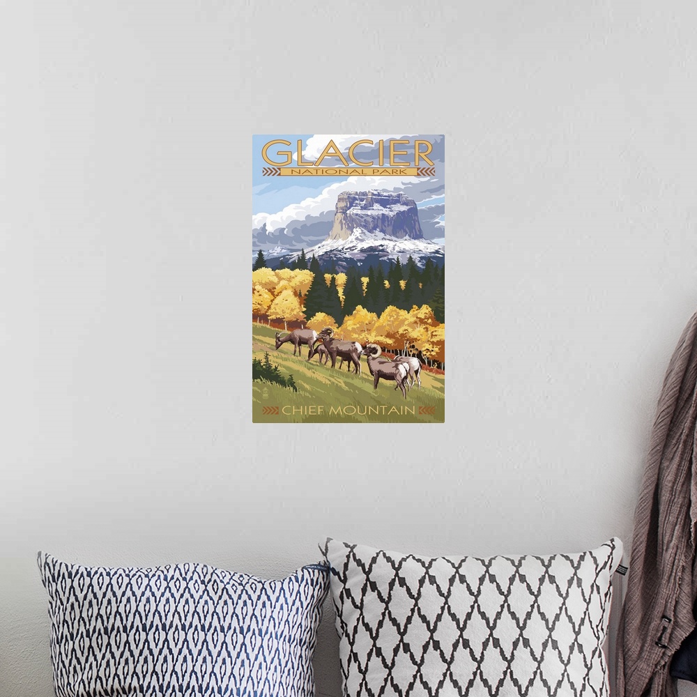 A bohemian room featuring Chief Mountain and Big Horn Sheep - Glacier National Park, Montana: Retro Travel Poster