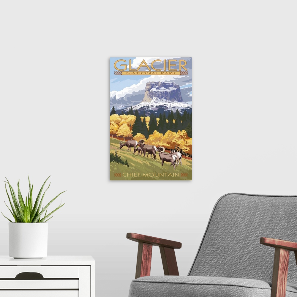 A modern room featuring Chief Mountain and Big Horn Sheep - Glacier National Park, Montana: Retro Travel Poster
