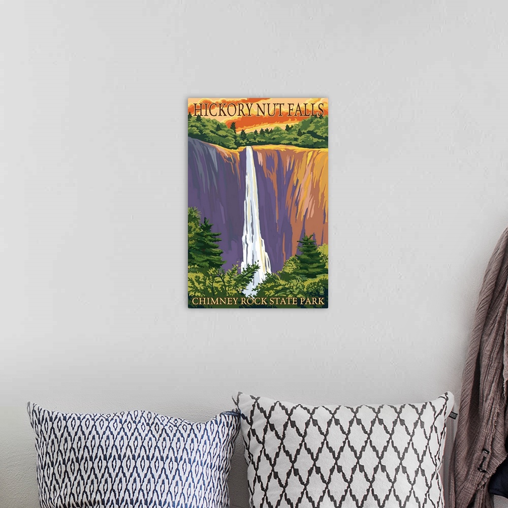 A bohemian room featuring Chimney Rock State Park, NC - Hickory Nut Falls: Retro Travel Poster