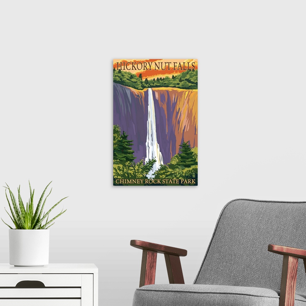 A modern room featuring Chimney Rock State Park, NC - Hickory Nut Falls: Retro Travel Poster