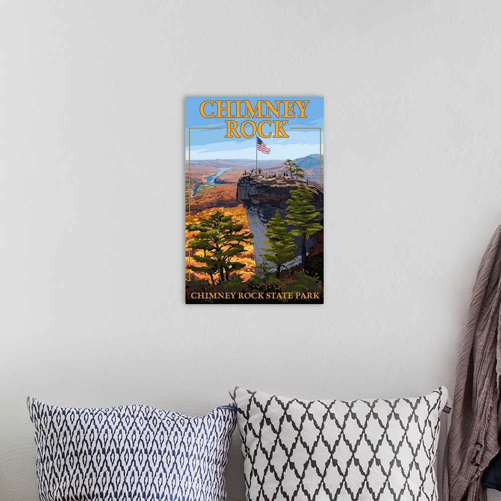 A bohemian room featuring Chimney Rock State Park, NC - View from Top: Retro Travel Poster