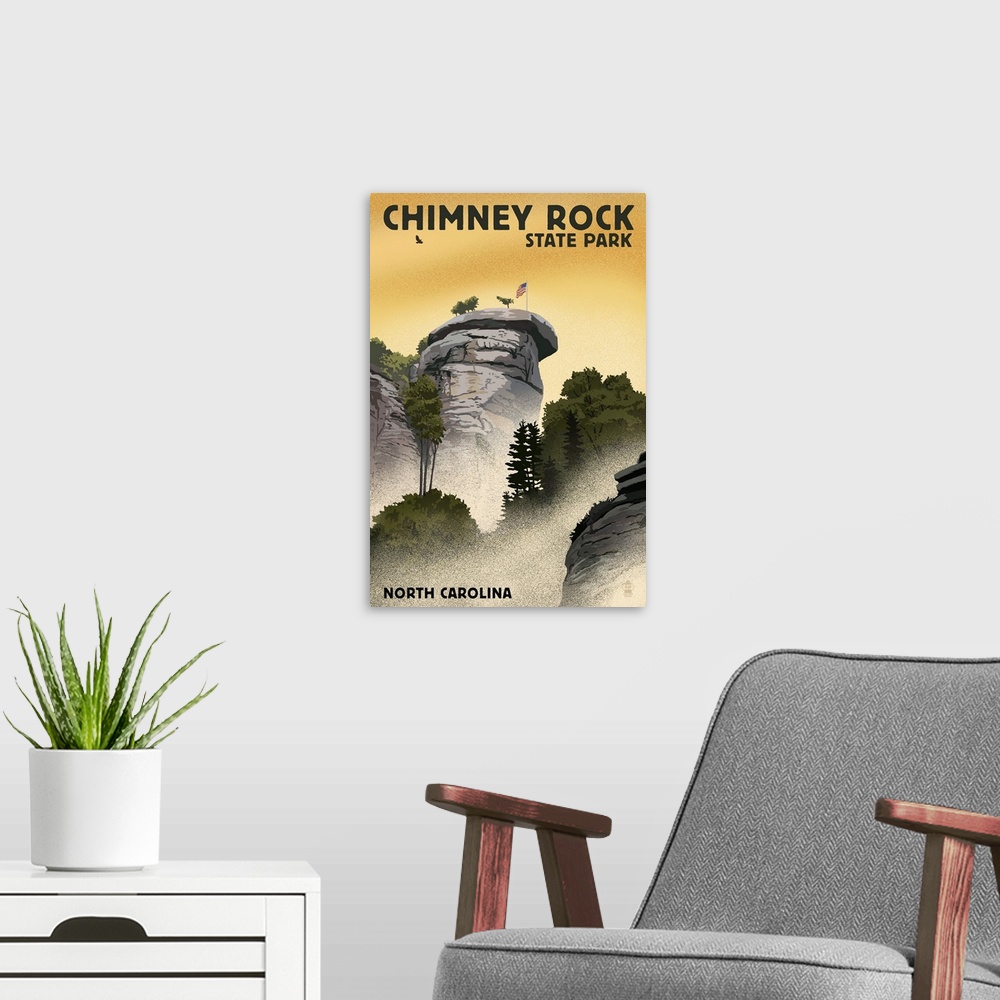 A modern room featuring Chimney Rock State Park, North Carolina, Chimney Rock, Lithograph Style