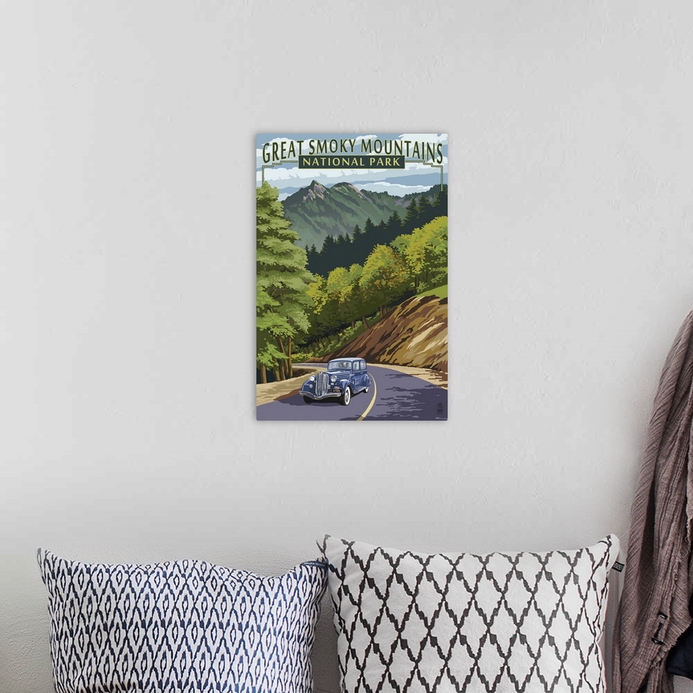 A bohemian room featuring Chimney Tops and Road - Great Smoky Mountains National Park, TN: Retro Travel Poster