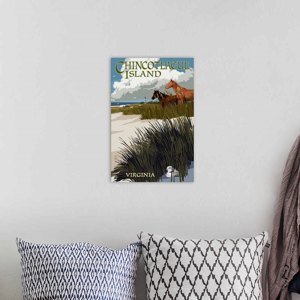 A bohemian room featuring Chincoteague Island, Virginia - Horses and Dunes: Retro Travel Poster