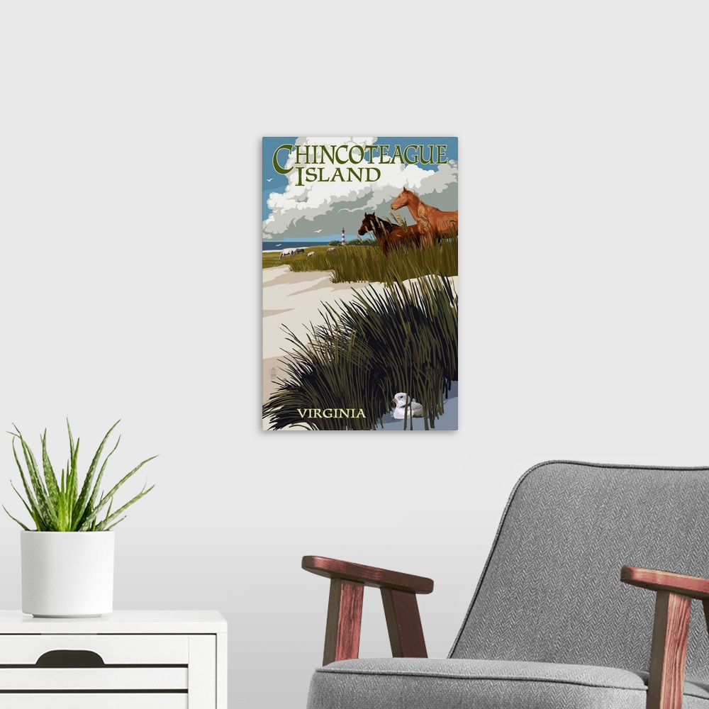 A modern room featuring Chincoteague Island, Virginia - Horses and Dunes: Retro Travel Poster