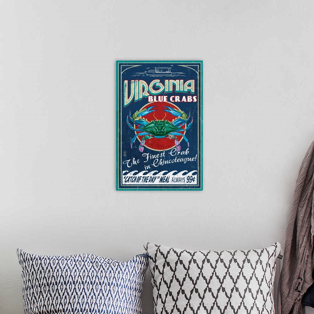 A bohemian room featuring Chincoteague, Virginia, Blue Crab Vintage Sign