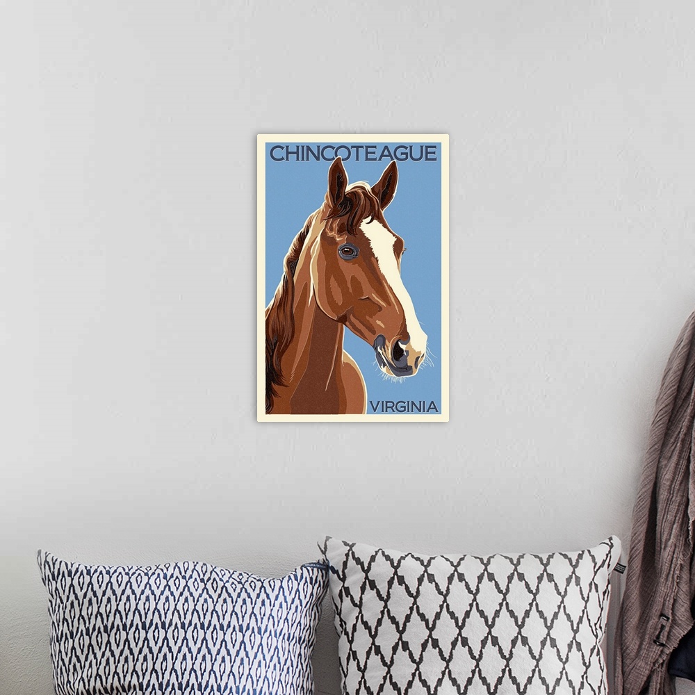 A bohemian room featuring Chincoteague, Virginia - Horse - Letterpress : Retro Travel Poster