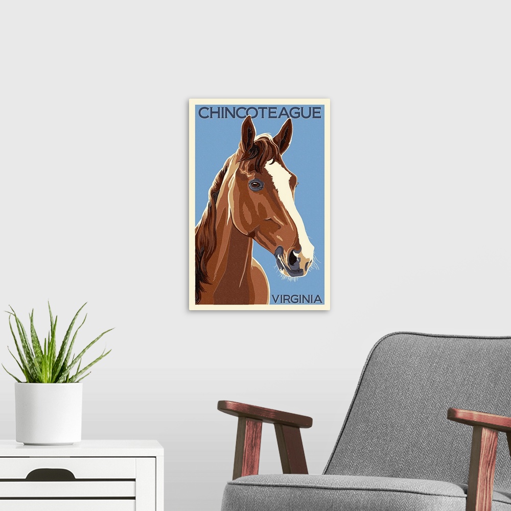 A modern room featuring Chincoteague, Virginia - Horse - Letterpress : Retro Travel Poster