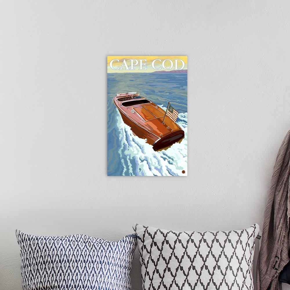 A bohemian room featuring Chris Craft Boat - Cape Cod, MA: Retro Travel Poster