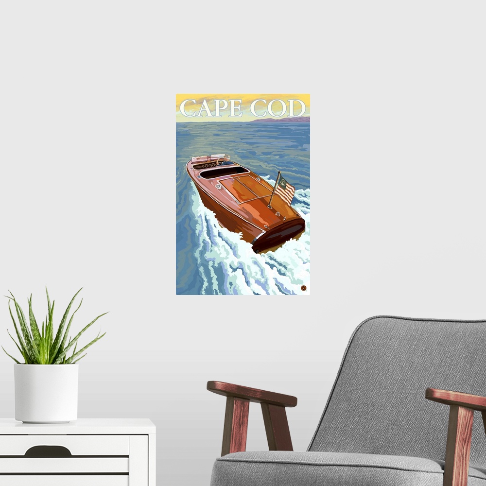 A modern room featuring Chris Craft Boat - Cape Cod, MA: Retro Travel Poster