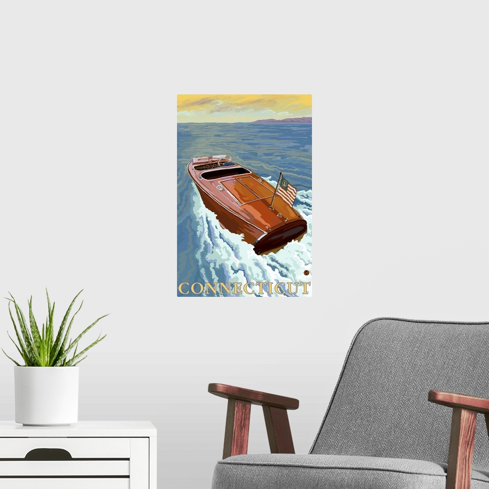 A modern room featuring Chris Craft Boat - Connecticut: Retro Travel Poster