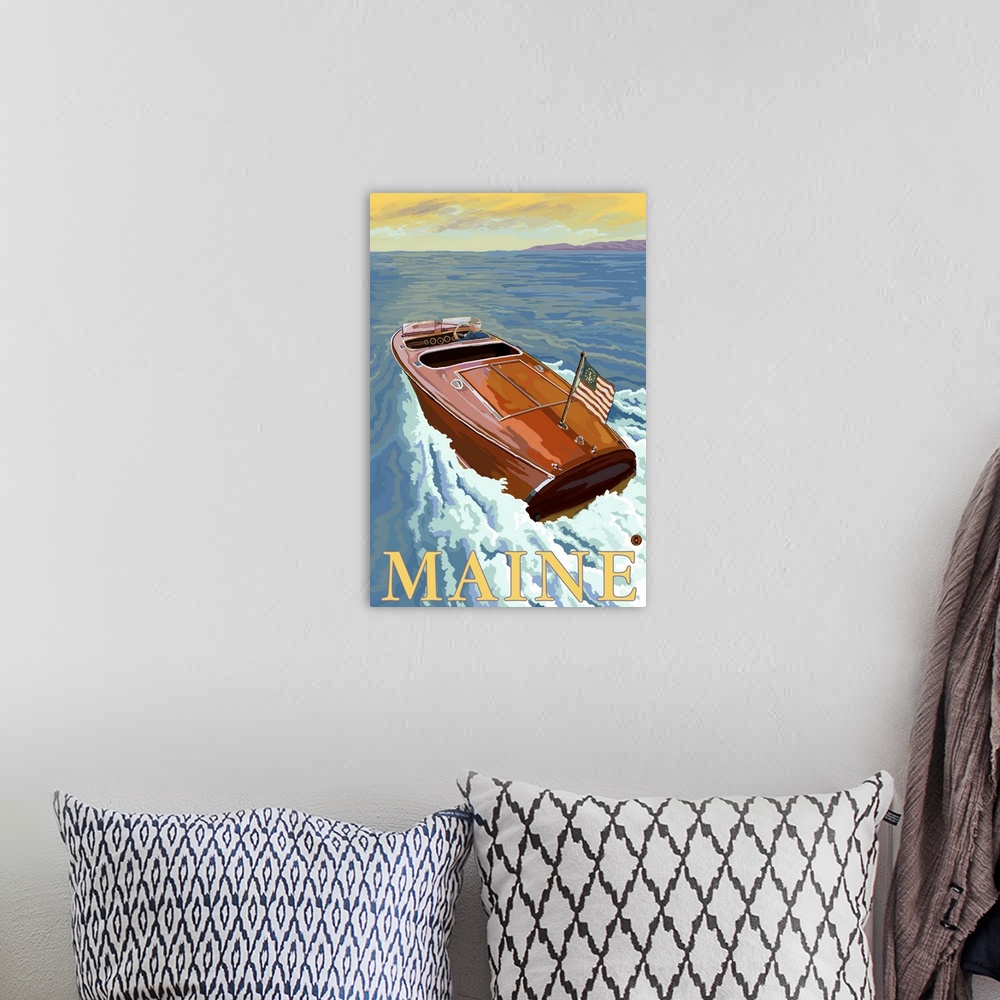 A bohemian room featuring Chris Craft Boat - Maine: Retro Travel Poster