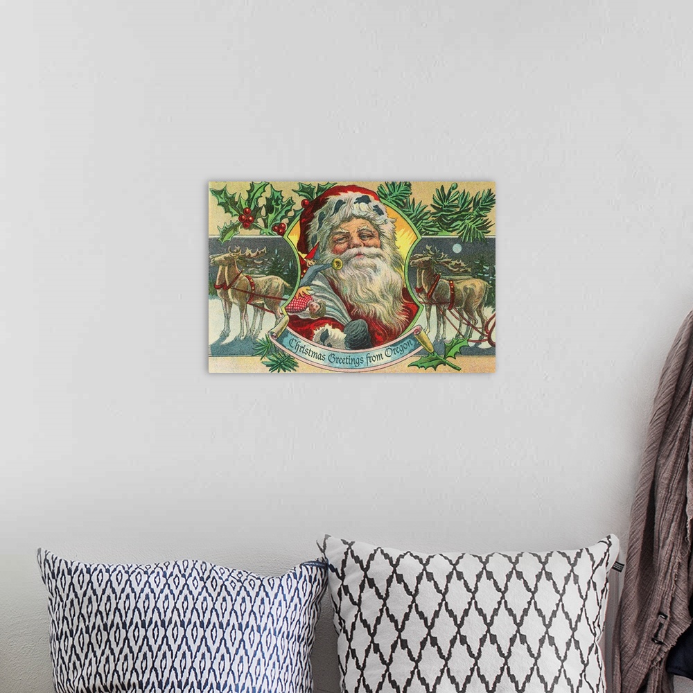 A bohemian room featuring Christmas Greetings from Oregon - Santa and Reindeer: Retro Travel Poster