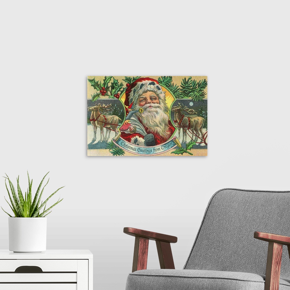 A modern room featuring Christmas Greetings from Oregon - Santa and Reindeer: Retro Travel Poster