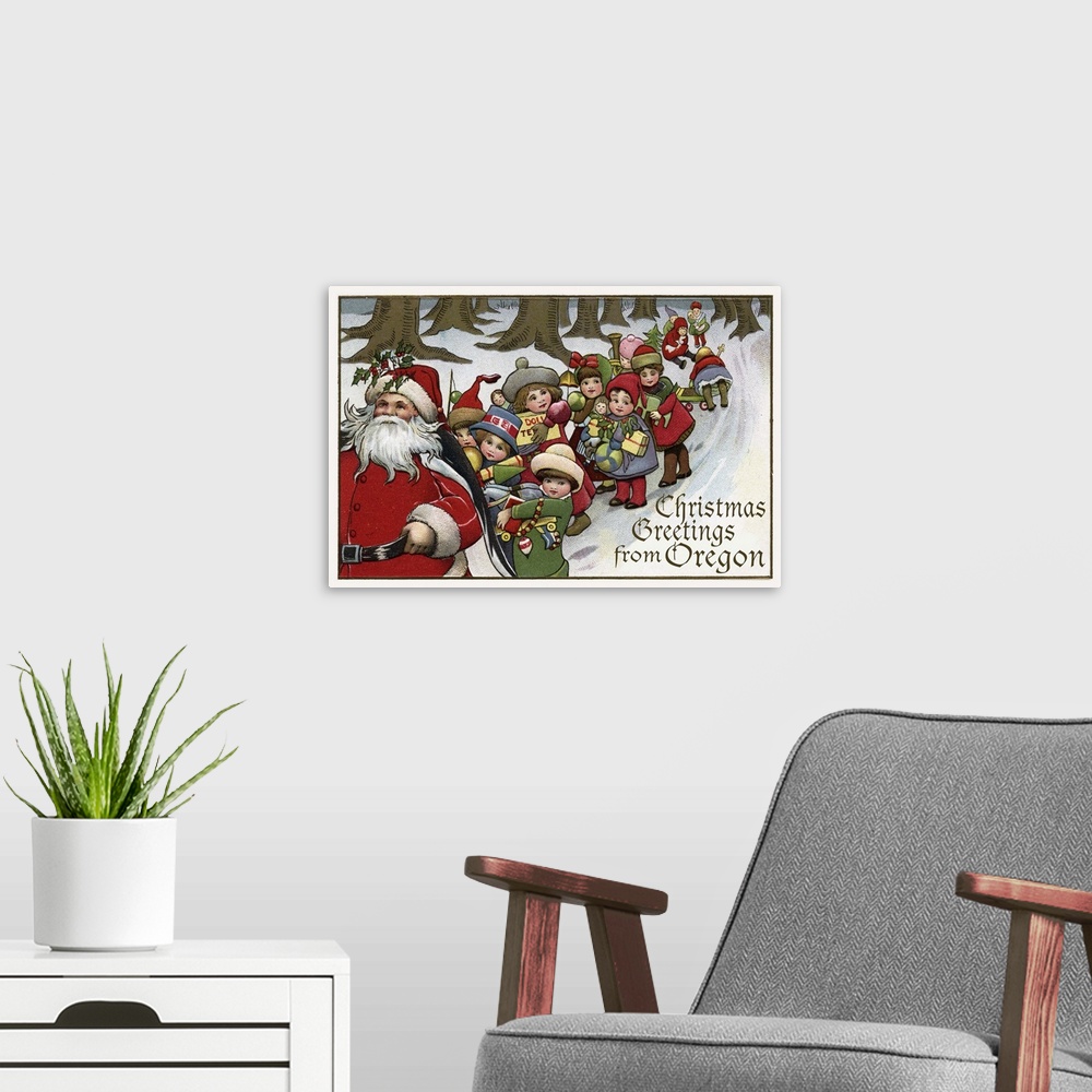 A modern room featuring Christmas Greetings from Oregon - Santa and Sleigh: Retro Travel Poster