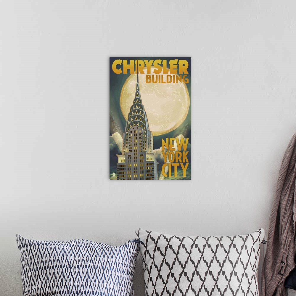A bohemian room featuring Chrysler Building and Full Moon - New York City, NY: Retro Travel Poster
