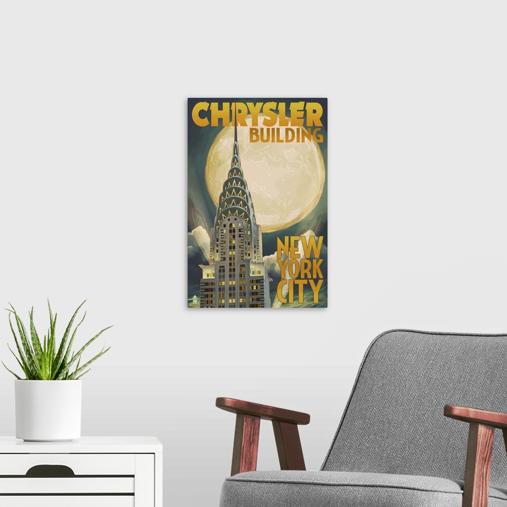 A modern room featuring Chrysler Building and Full Moon - New York City, NY: Retro Travel Poster