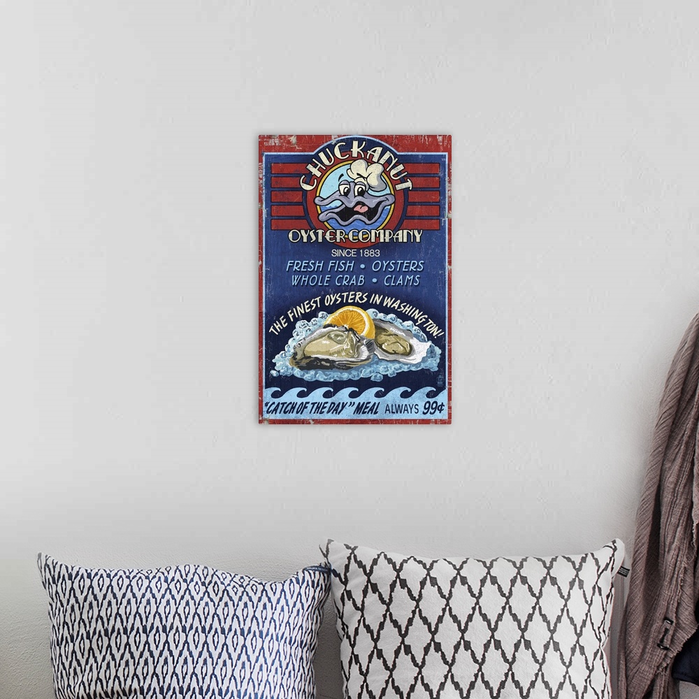 A bohemian room featuring Retro stylized art poster of a vintage seafood market sign displaying clams.