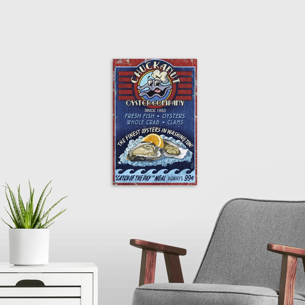 A modern room featuring Retro stylized art poster of a vintage seafood market sign displaying clams.