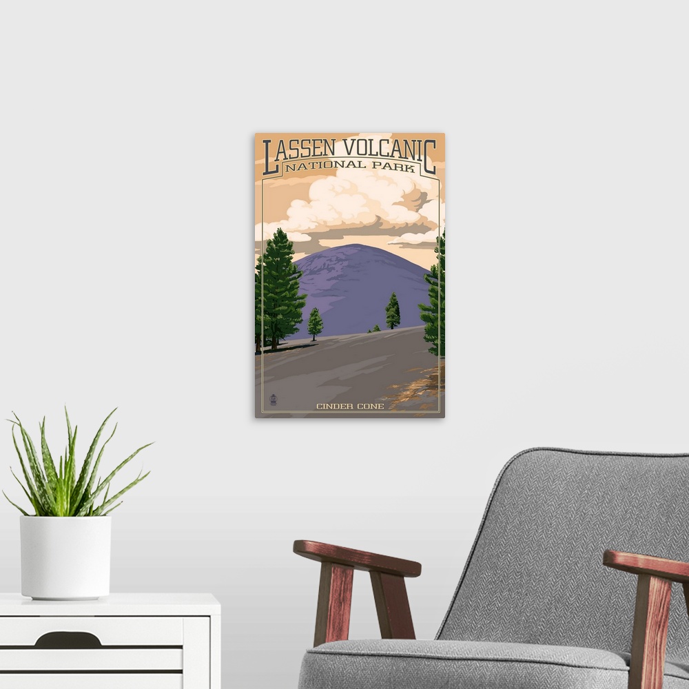 A modern room featuring Retro stylized art poster of a volcano peak, with a smooth landscape and spaced out trees.