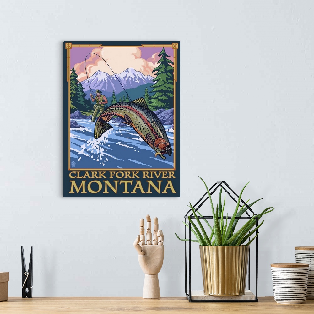 A bohemian room featuring Retro stylized art poster of a fisherman in a mountain stream attempting to reel in a leaping trout.