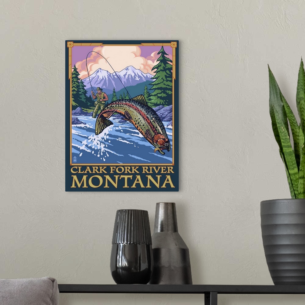 A modern room featuring Retro stylized art poster of a fisherman in a mountain stream attempting to reel in a leaping trout.