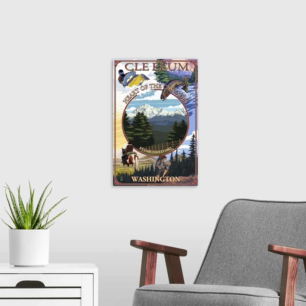 A modern room featuring Cle Elum, Washington - Montage: Retro Travel Poster