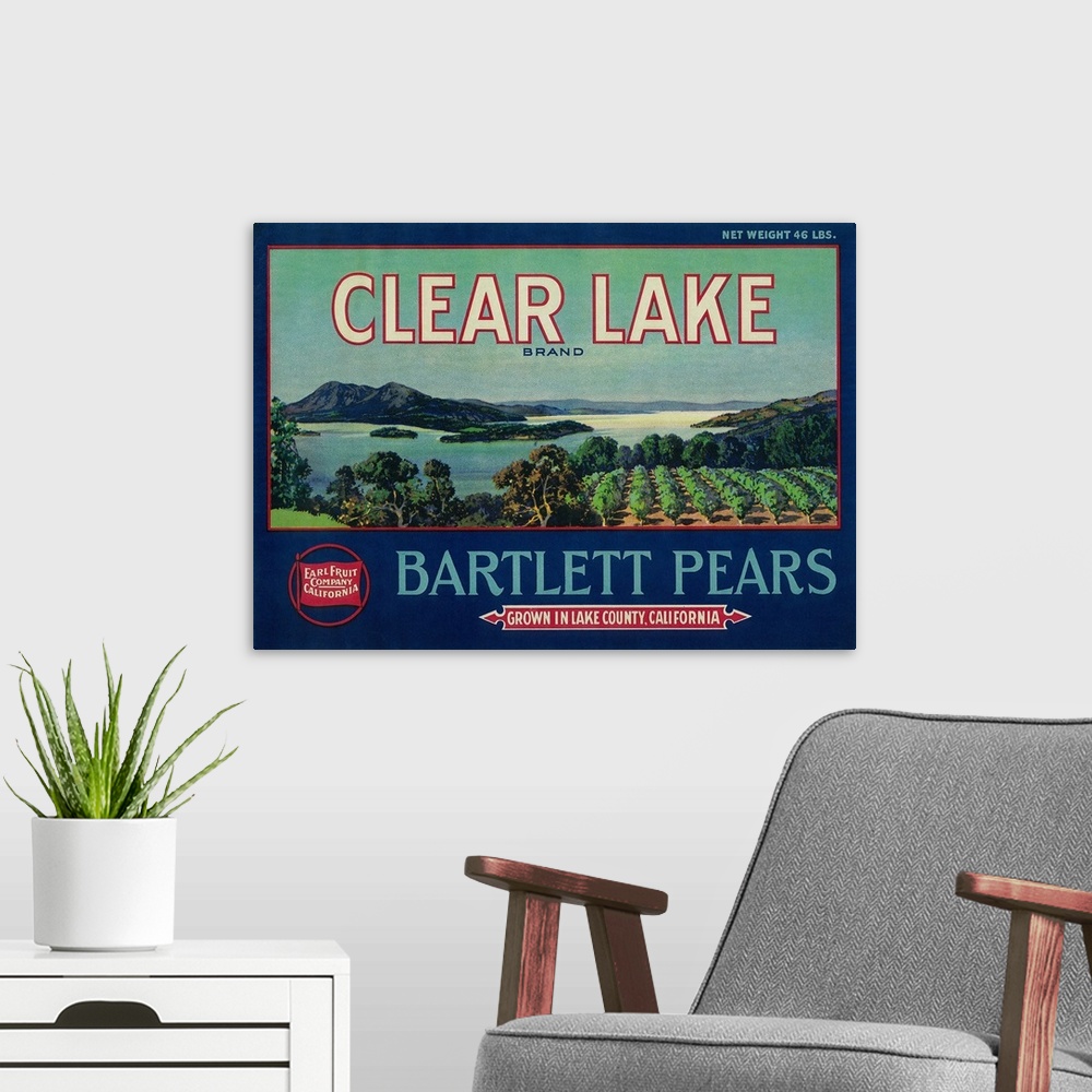 A modern room featuring Clear Lake Pear Crate Label, Lake County, CA
